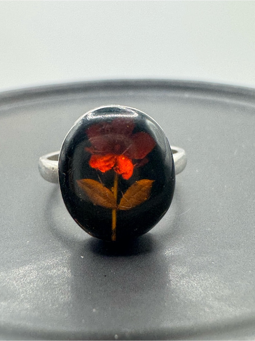 925 Sterling Silver Black Resin Ring with Red Floral Inlay - 5 1/2